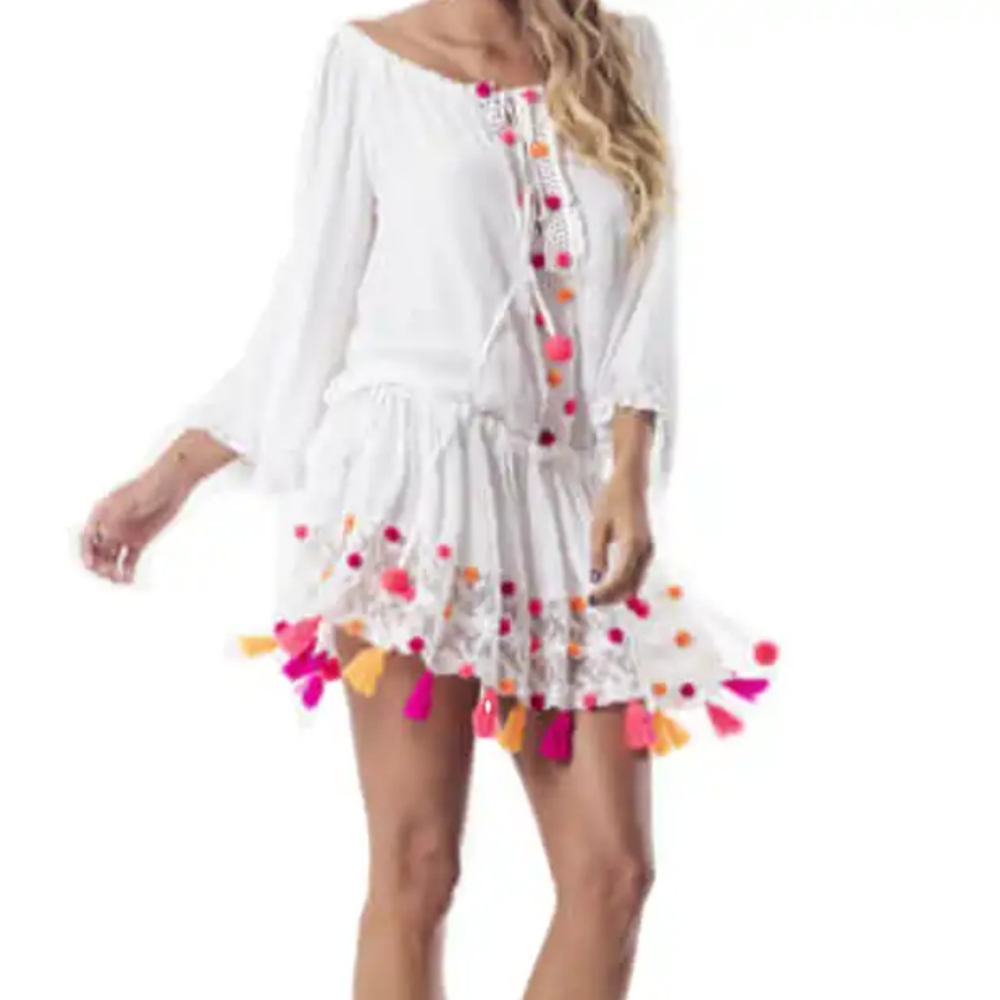 Sundress the label pom pom tassel white cover up dress S $395